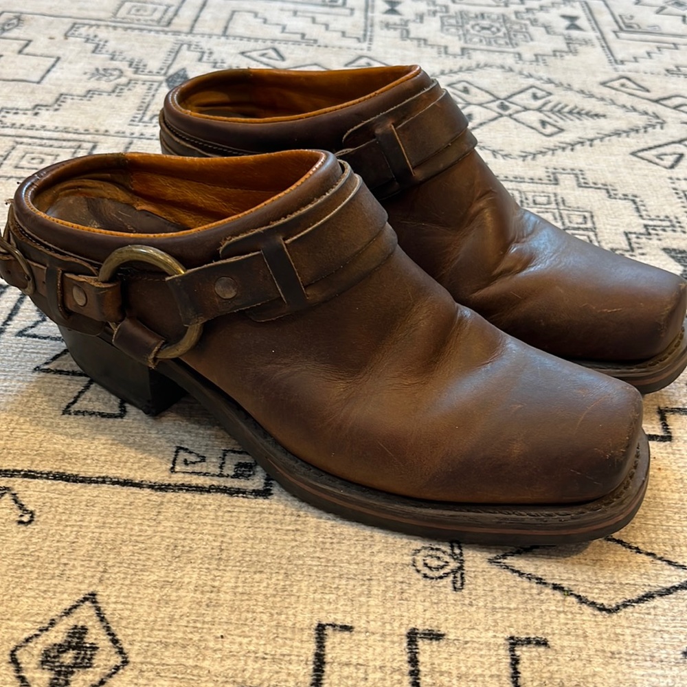 Frye Square Toe Belted Harness Mules